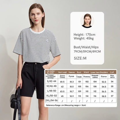 Damen T-Shirt aus reiner Baumwolle mit lässigem Streifenmuster und kurzen Ärmeln