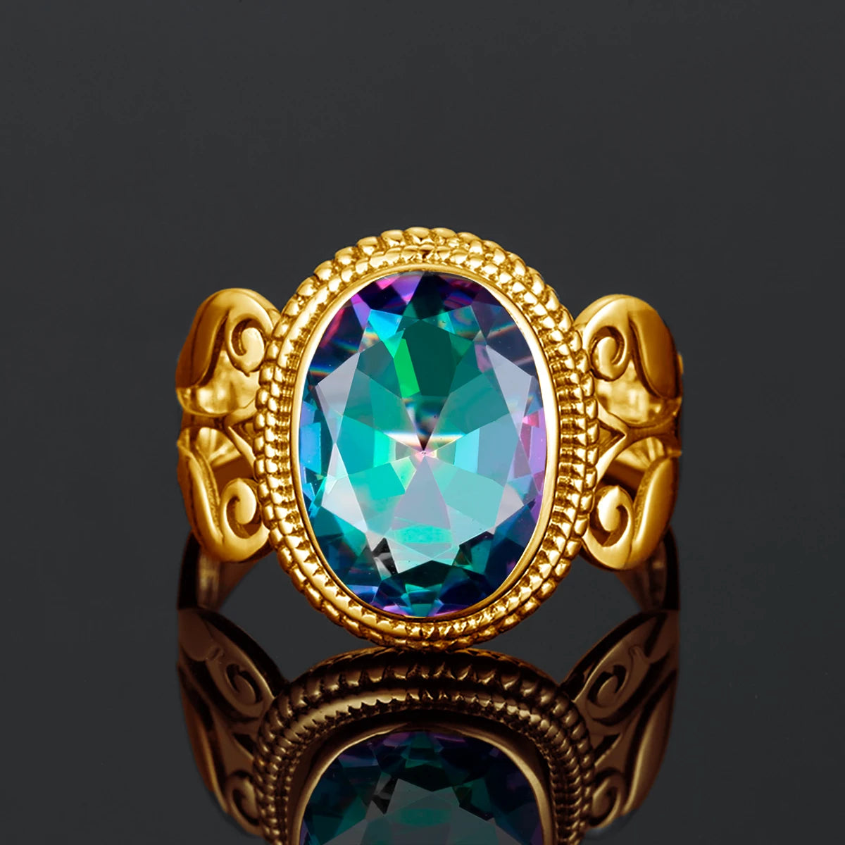 Damen-Ring Aus Sterling Silber Mit Ovaler Rainbow Fire Mystic Topaz Stein 10x16mm Goldtone Schmuck