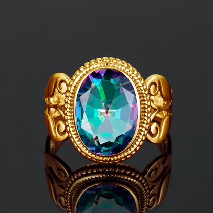 Damen-Ring Aus Sterling Silber Mit Ovaler Rainbow Fire Mystic Topaz Stein 10x16mm Goldtone Schmuck