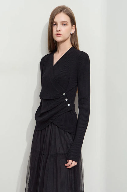 Damen V-Ausschnitt Pullover plissiert Muschelschnalle Wolle Herbst