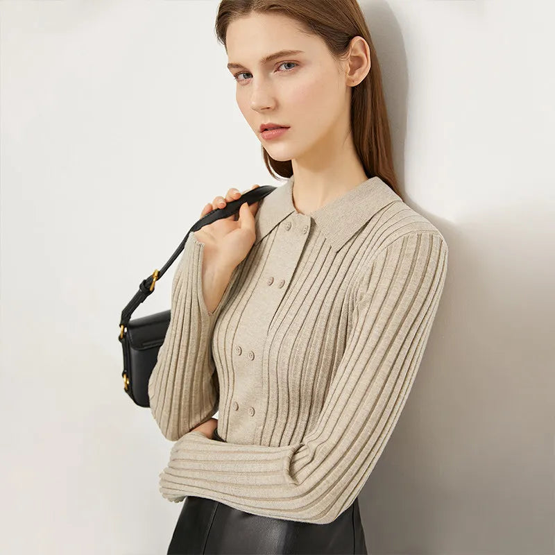 Damen-Strickjacke Polokragen Slim doppelreihig Wolle-Mix Frühling-Herbst