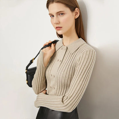 Damen-Strickjacke Polokragen Slim doppelreihig Wolle-Mix Frühling-Herbst