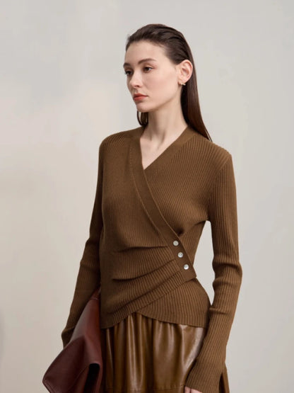 Damen V-Ausschnitt Pullover plissiert Muschelschnalle Wolle Herbst
