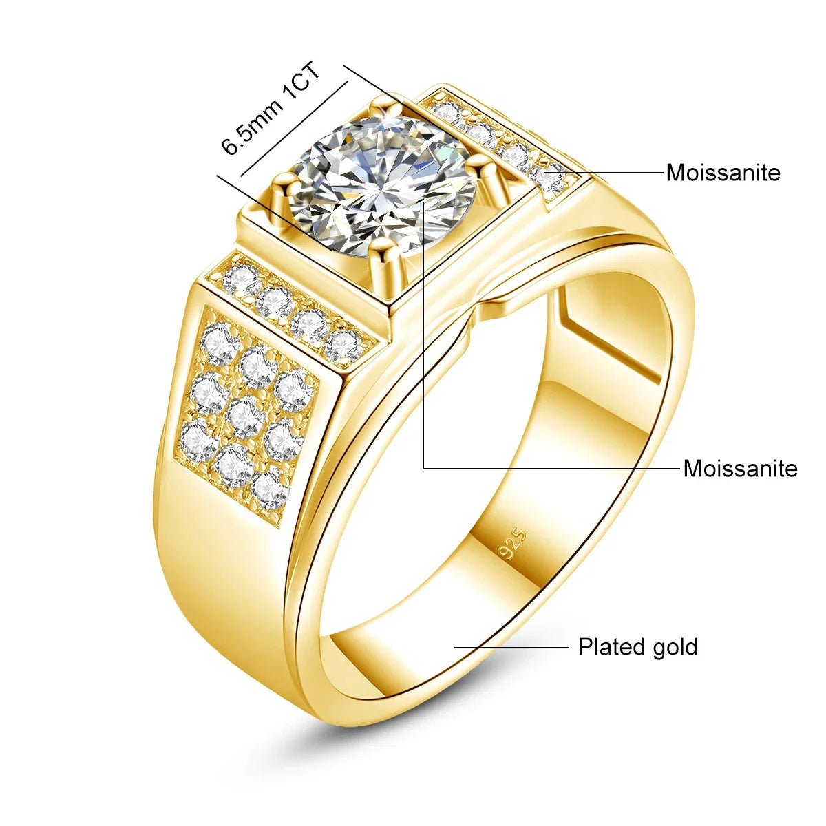 Herren-Moissanit-Ring aus Sterlingsilber 925 mit Zertifikat, Rundschliff 6,5 mm, 1 ct
