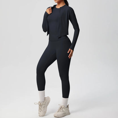 Damen Yoga-Set aus langarmem Top mit Reißverschluss und High-Waist Leggings, dunkelblau