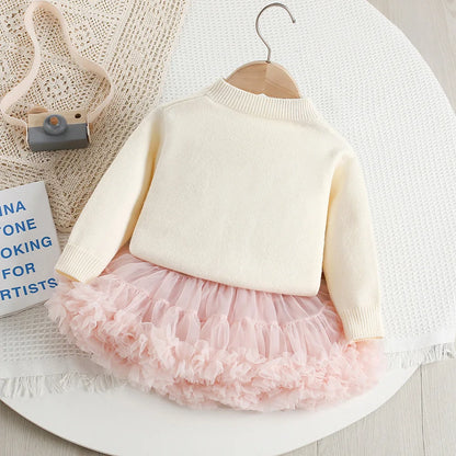 Mädchen Pullover Set mit Patchwork und Tutu Rock für Kinderoutfit 2PCS