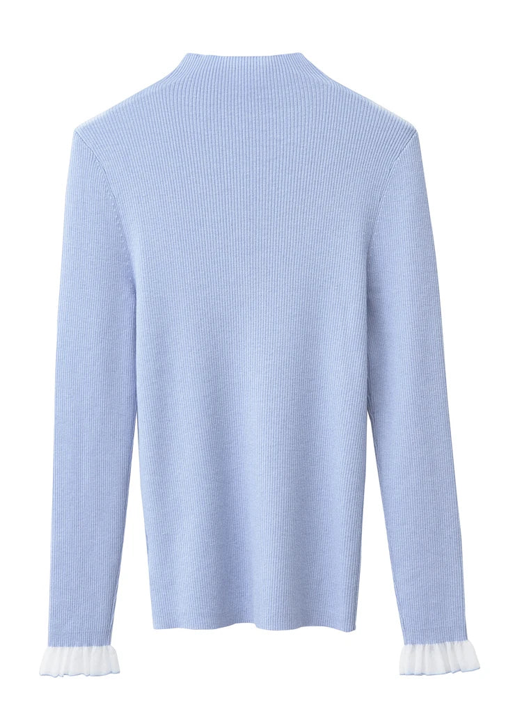 Damen-Rollkragen-Strickpullover, langarm, hellblau, gerippter Rücken und Ärmelabschluss mit Rüschensaum
