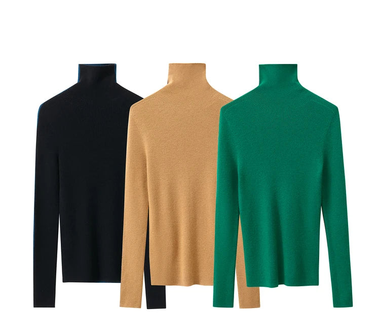 Damen-Rollkragenpullover 100 % Wolle Farbkontrast Slim Fit Frühling