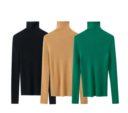 Damen-Rollkragenpullover 100 % Wolle Farbkontrast Slim Fit Frühling