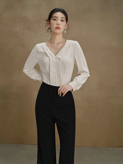 Elegante Damenbluse mit V-Ausschnitt – Schlanke Passform in Gelb oder Blau für stilvolle Herbst-Looks