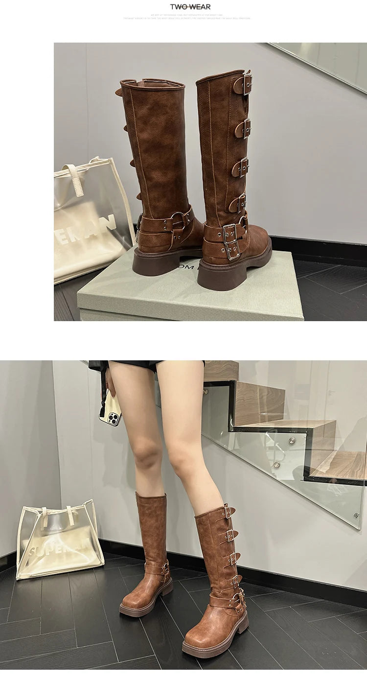 AIYUQI Western Cowboy Boots Women Vintage New Genuine Leather Knight Boots Women Square Toe High Boots Buckle Boots Women
