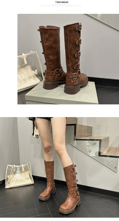 AIYUQI Western Cowboy Boots Women Vintage New Genuine Leather Knight Boots Women Square Toe High Boots Buckle Boots Women