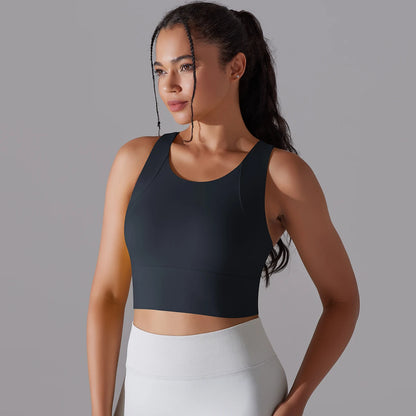 Dunkelblaues Yoga-Top für Damen, ärmellos, schmaler Schnitt, Rundhalsausschnitt