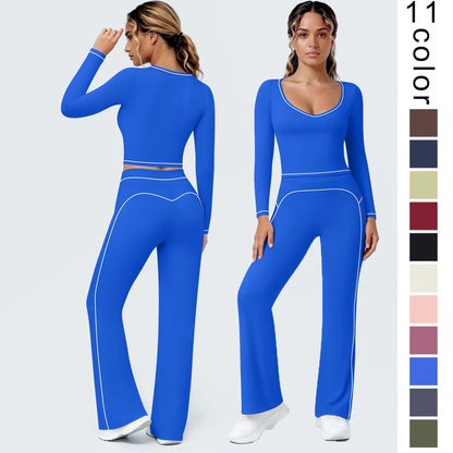 Blaues Damen Yoga-Set: Vorder- und Rückansicht mit Cut-out-Top und Leggings