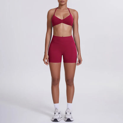 Damen-Yoga-Set: nahtloser Sport-BH und High-Waist-Shorts in Dunkelrot