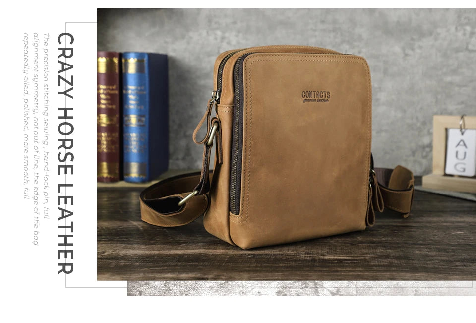 Beige Herren-Umhängetasche aus Leder mit Front-Reißverschluss und Logo