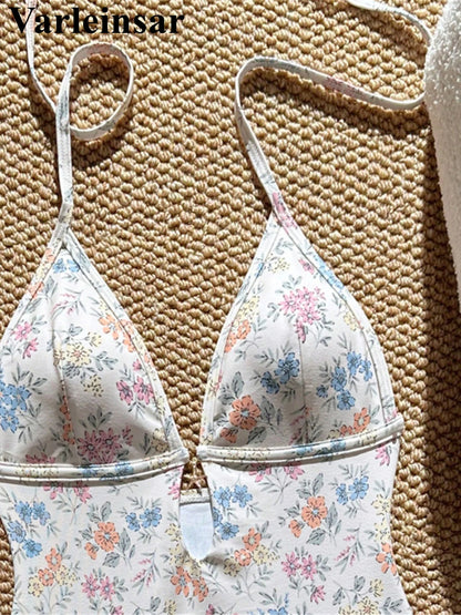 Damen Badeanzug Blumen V-Ausschnitt Neckholder Monokini hoher Beinausschnitt
