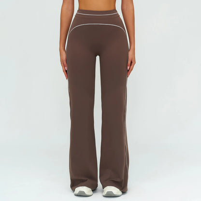 Damen Yoga-Hose mit hoher Taille, weitem Bein, braun mit hellen Kontrastnähten