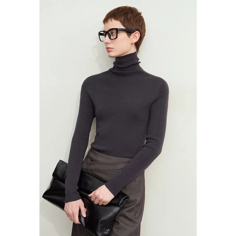 Damen-Rollkragenpullover 100 % Wolle Kammgarn schlank Winter