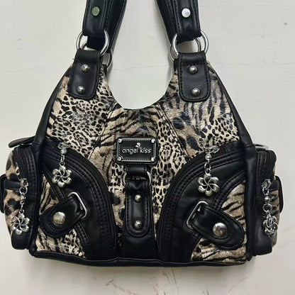 Damen Schultertasche Leopard-Print mit Mehrfachfächern und weichem Oberflächenfinish