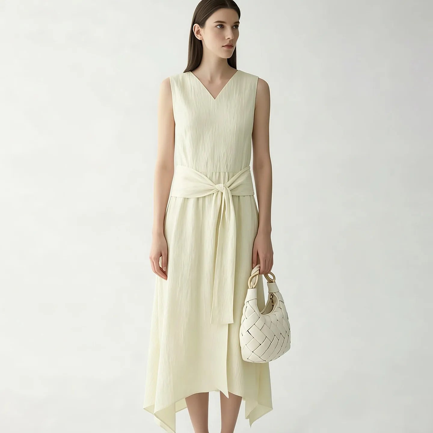 Stylisches Ärmelloses Damen Midikleid Knitterarm Mit Gürtel