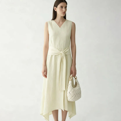 Stylisches Ärmelloses Damen Midikleid Knitterarm Mit Gürtel
