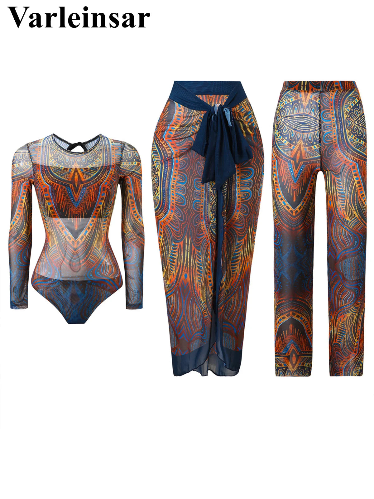 Damen-Badeanzug 3-teilig Print Langarm Sarong-Set gepolstert