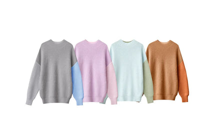 Damen-Rollkragenpullover aus Strick mit Morandi-Farbpatchwork in Grau, Flieder, Hellblau, Camel