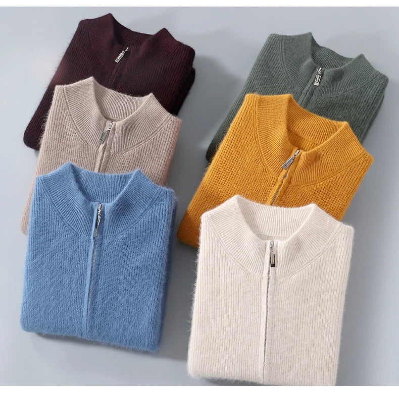 Pullover aus 100 % reinem Nerz-Kaschmir für Herren, Stehkragen, verdickte Strickjacke, Herbst/Winter, warm, lässig, gestrickt, große Oberteile mit Reißverschluss
