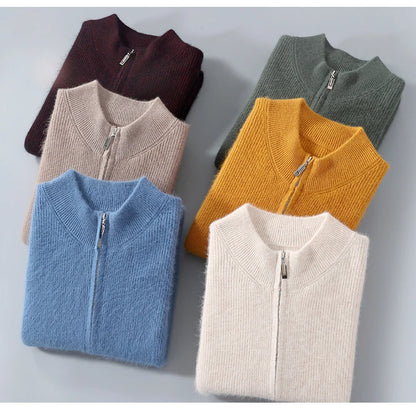 Pullover aus 100 % reinem Nerz-Kaschmir für Herren, Stehkragen, verdickte Strickjacke, Herbst/Winter, warm, lässig, gestrickt, große Oberteile mit Reißverschluss