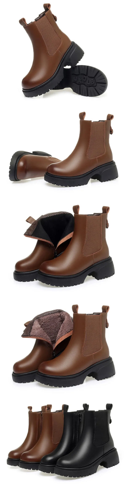 Damen-Chelsea-Boots mit Fellfutter, braun & schwarz, dicke Profilsohle