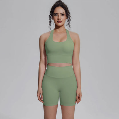 Damen-Yoga-Set: Top und kurze Leggings in Salbeigrün