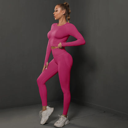 Nahtloses Yoga-Set mit Crop-Top und Leggings, pink, lange Ärmel und figurbetonte Passform