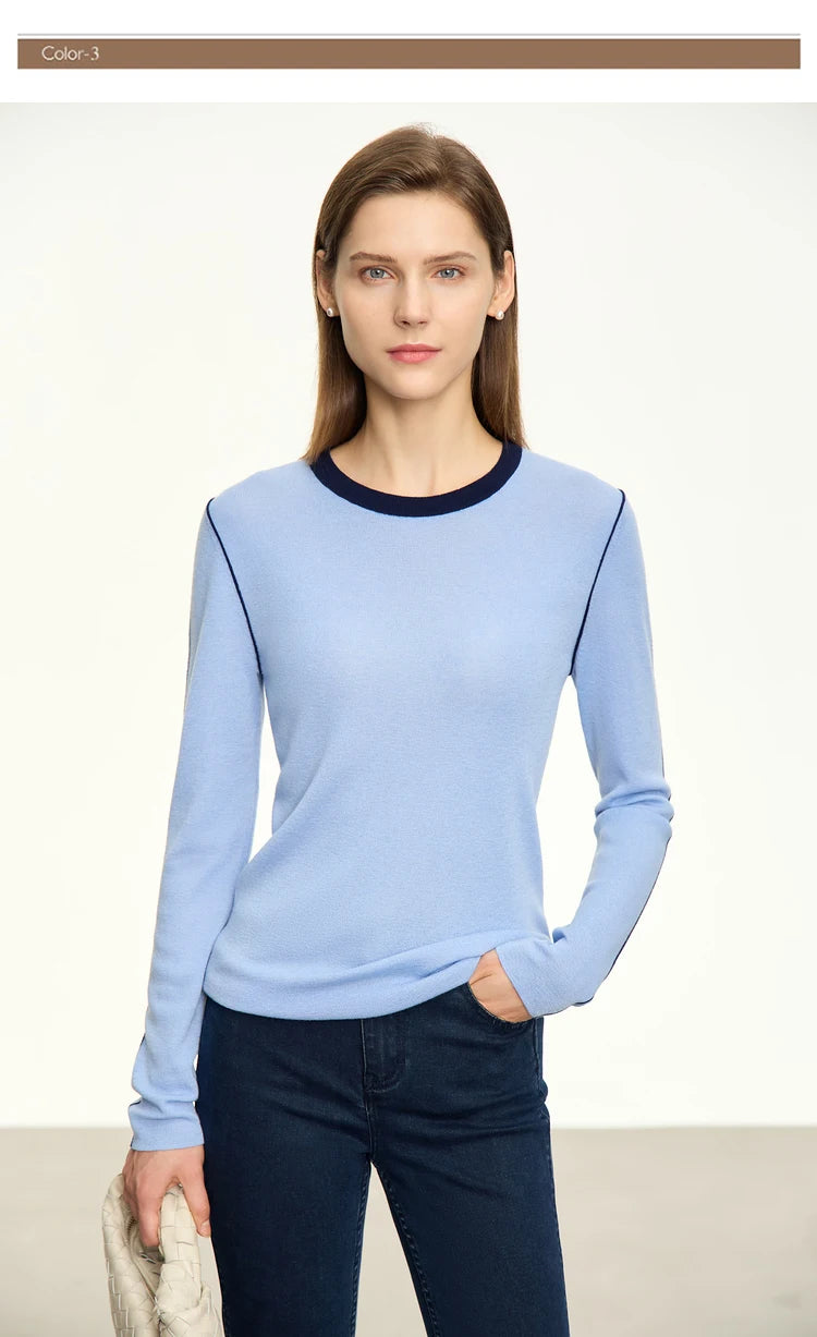 Damen-Rundhalspullover Patchwork Slim Wolle-Mix Herbst-Winter