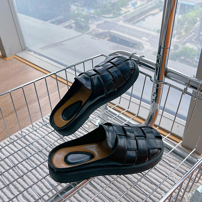 Damen-Hausschuhe mit geschlossenen Zehen, 2025, neue gewebte Plateau-Slip-on-Halbhausschuhe für Damen, Sommer, große weibliche Pantoletten