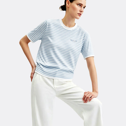 Damen-Rundhalspullover Colorblock Streifen Kurzarm locker Viskose Sommer