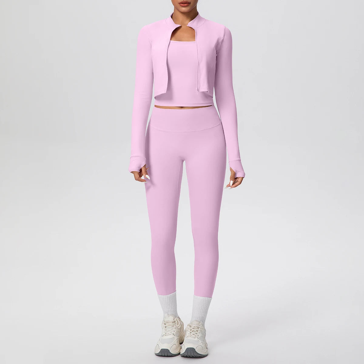 3-teiliges Yoga-Set für Damen (Hellrosa): kurze Jacke, Crop-Top, Leggings mit Akzenten