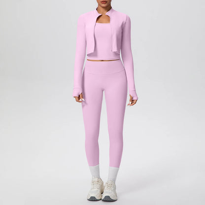 3-teiliges Yoga-Set für Damen (Hellrosa): kurze Jacke, Crop-Top, Leggings mit Akzenten