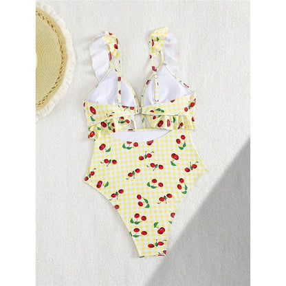 Damen Badeanzug Kirschen Karo Cut-Out Rüschen hoher Beinausschnitt Monokini