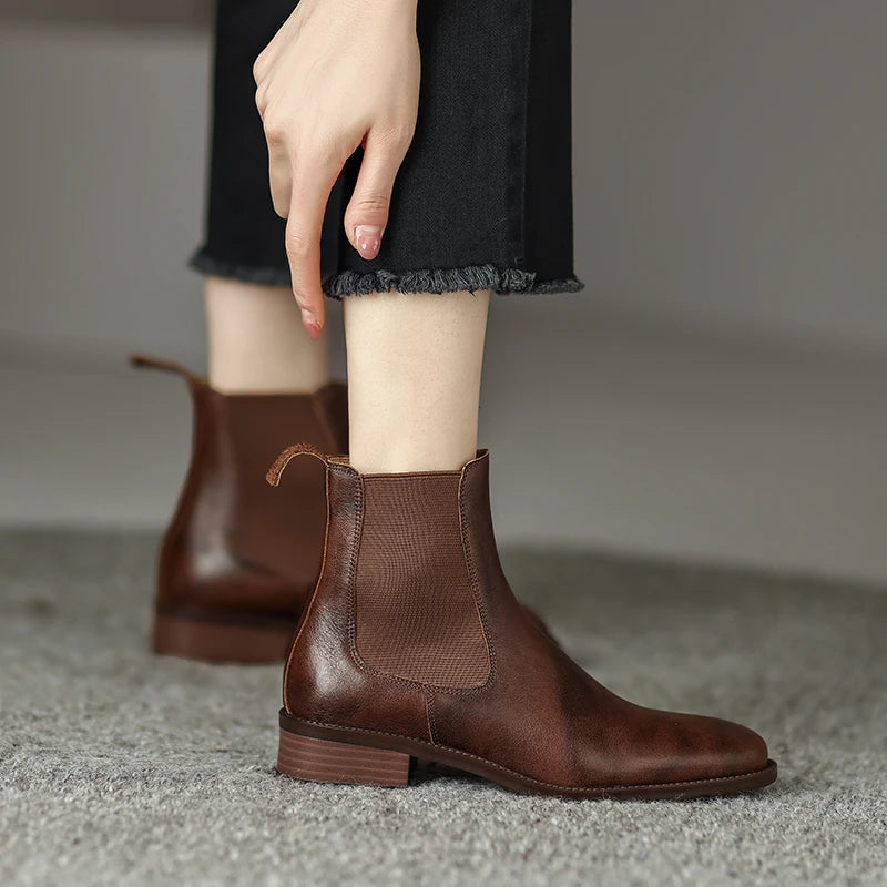 Chelsea-Boots Damen, braune Stiefeletten mit elastischem Einsatz und Blockabsatz