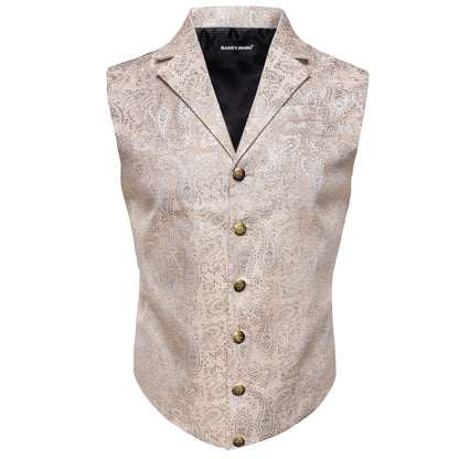 Herrenweste aus Feinwolle mit Paisley-Muster, beige, goldfarbene Knopfleiste
