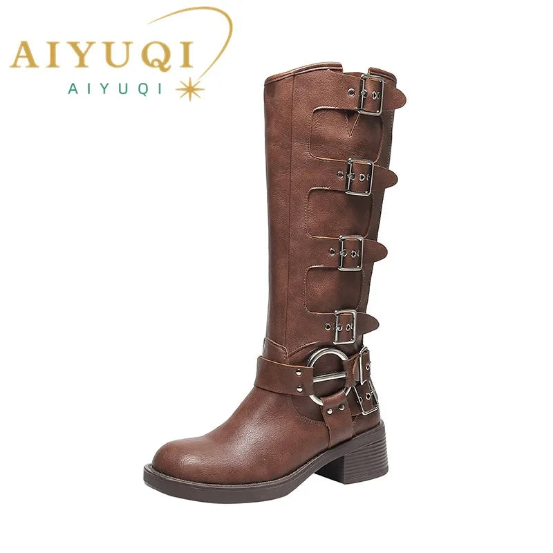 AIYUQI Women Cowboy Boots 2025 Autumn New Belt Buckle Women Marton Boots British Style Large Size 41 42 43 Women Long Boots