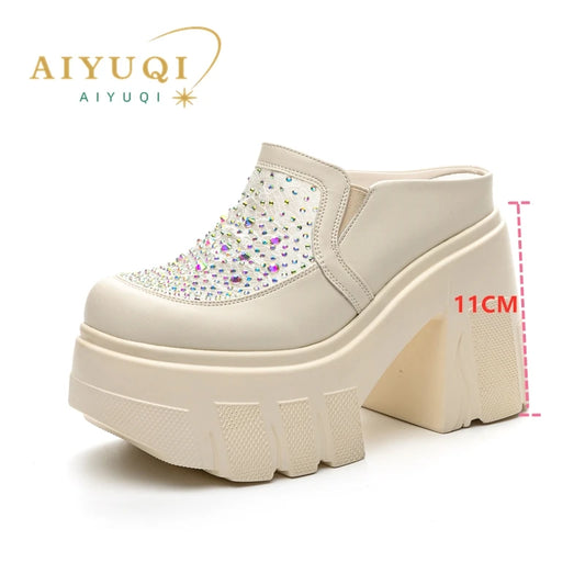 AIYUQI frauen Hausschuhe 2025 Neue Echtes Leder Sommer frauen Hausschuhe Rhindiamonds 11 cm Hohe Zehe Geschlossene Hausschuhe Frauen