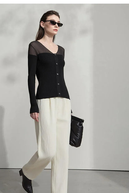 Damen V-Ausschnitt Pullover Viskose Mesh Organza Slim Frühling