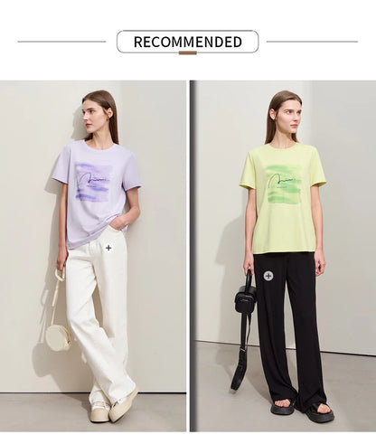 Damen T-Shirts im lässigen Minimalismus-Stil mit O-Ausschnitt und Stickerei