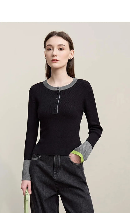 Damen-Rundhalspullover Kontrastfarben Knopfleiste Slim Lyocell Frühling