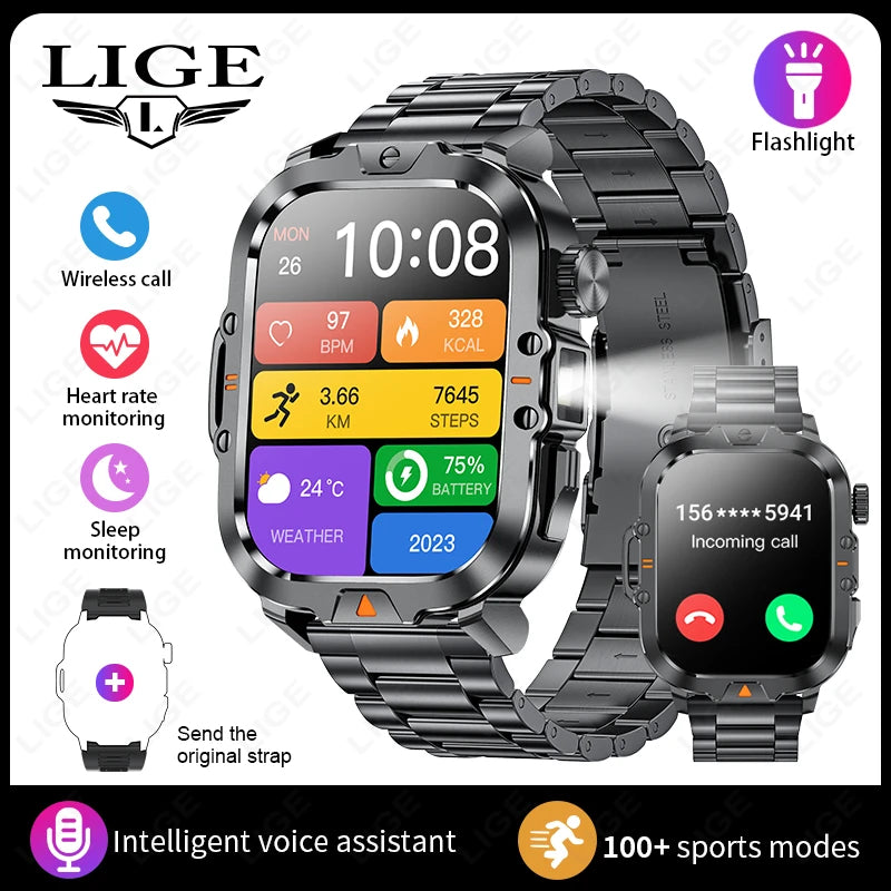 LIGE Neue Smart Watch 2,01" HD Display Taschenlampe Bluetooth Anruf 410mAh Batterie Robuste Smartwatch Wasserdichte Smart Armband