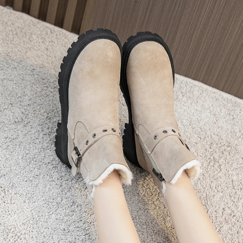 AIYUQI Women's Snow Boots Suede Genuinen Leather New Large Size Thick Warm Women Winter Boots Casual Women's Ankle Boots