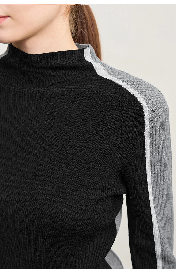 Damen-Halbrollkragen-Pullover Slim asymmetrisch Kontrast Winter
