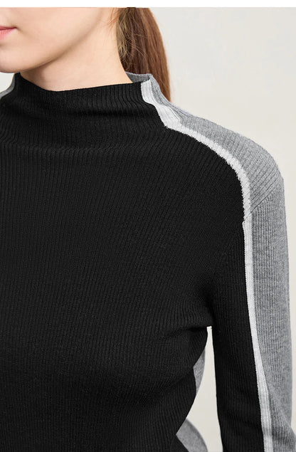Damen-Halbrollkragen-Pullover Slim asymmetrisch Kontrast Winter